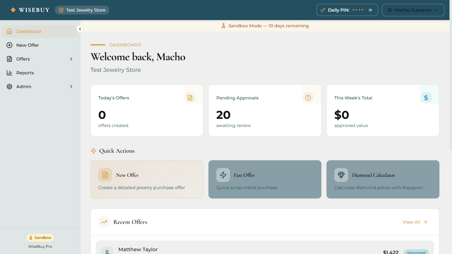 WiseBuy dashboard showing live metal pricing and recent offers